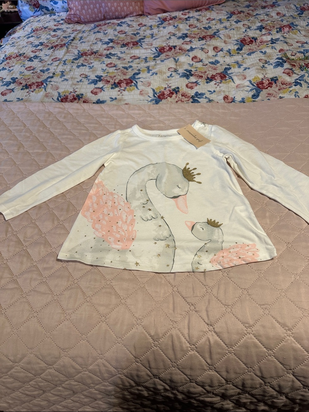 First Impressions White Long-Sleeve Top with Pink and Gold Swan Design